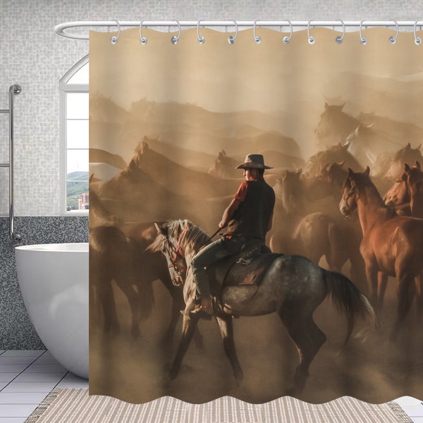 Western Cowboy Rideau de douche American Farmhouse Country Cowboy Riding Wild West Rideau de douche à cheval Imperméable à l’eau Rideau de douche en tissu