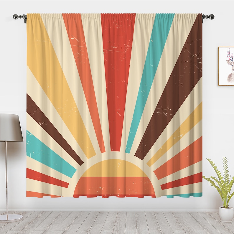 Mid Century Sun Window Curtain Vintage 70s Aesthetics Rainbow Sunrise Sunset Drapes Abstract Art Window Treatments for Room Bedroom Decor Rod Pocket 1P