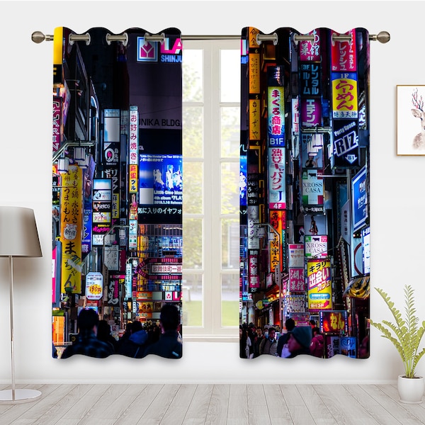 Japanese Fantasy Tokyo Punk City Window Curtain Cyberpunk Neon City View Window Treatments Blackout Curtain For Room Bedroom Home Decor