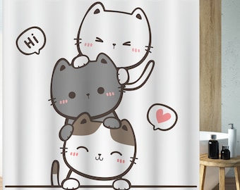 Three Cute Kitten shower curtains, modern Minimalist pet bathroom curtain, Bath Decor, Waterproof plastic curtain with 12 hooks