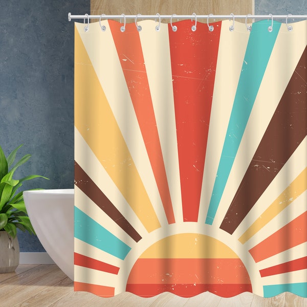 Vintage Sun Shower Curtain Retro 70s Rainbow Sunrise Sunset shower curtain minimalist Geometric Grunge Abstract Art Print Shower Curtain