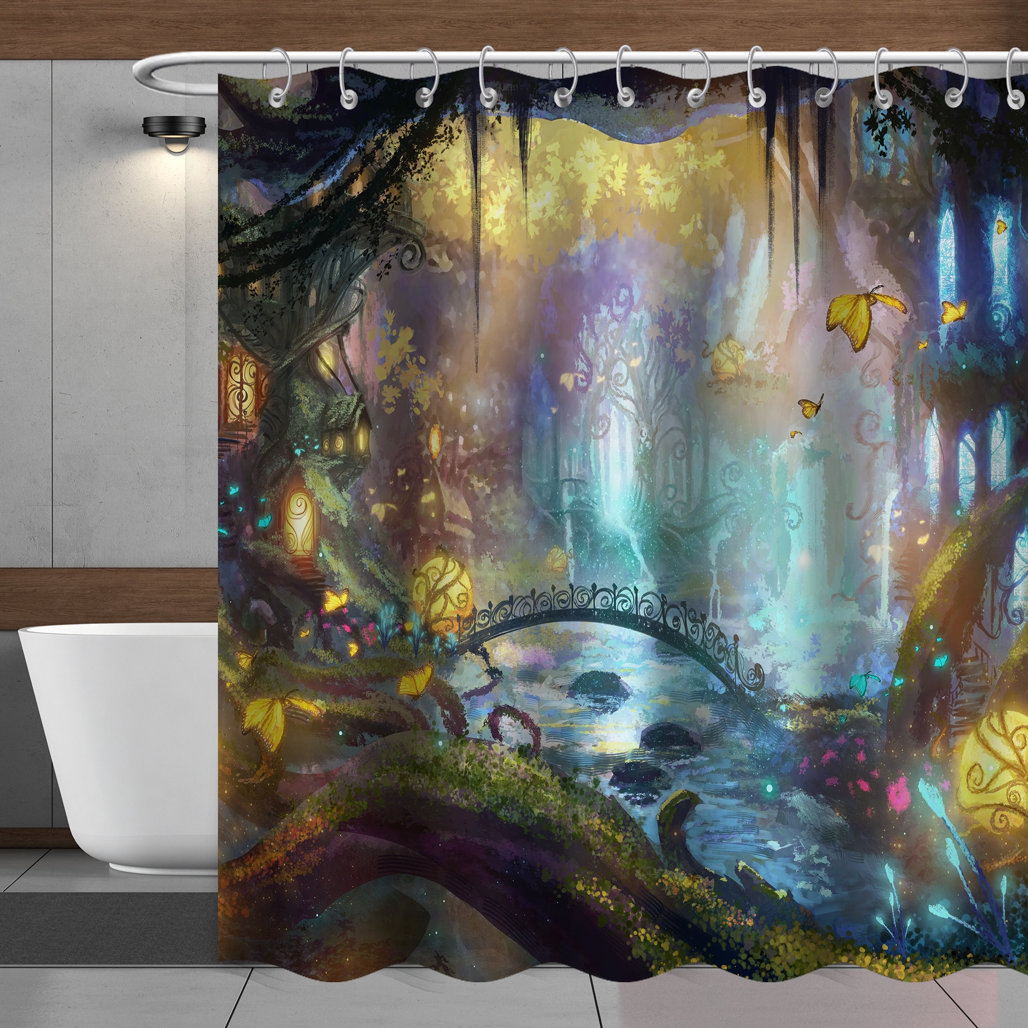 Fantasy Forest Shower Curtain Magic Tree Nature Landscape Country Fairy Tale  Night View World Butterfly Bathroom Curtain With 12 Hooks 