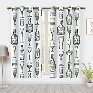 May include: A pair of white curtains with a black and white pattern of various bottles and glasses of alcohol. The pattern includes bottles labeled "Rum", "Tequila", "Brandy", "Whiskey", "Cognac", "Absinthe", and "Bailey's".