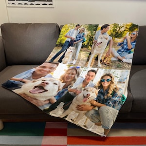 Puede incluir: Un collage de fotos con una pareja y su perro. Las fotos están dispuestas en una cuadrícula y muestran a la pareja en varios entornos, incluyendo un parque y una calle de la ciudad. El perro es un husky blanco con ojos azules.