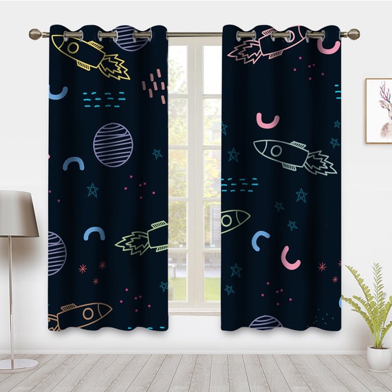 Outerspace Cartoon Rocket Window Curtain Universe Starry Star Sky Drapes Kids Deep Space Planets Nursery Window Treatments Girls Boys Room