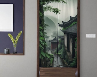 May include: A misty, green landscape with a stone path leading to traditional Asian buildings. The scene is framed by a wooden door.