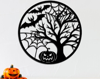 Halloween Horror Decoration metal sign, Tree of Life bat Metal Wall Art, for living room Front Door corridor Decor, Halloween Fear Ornament