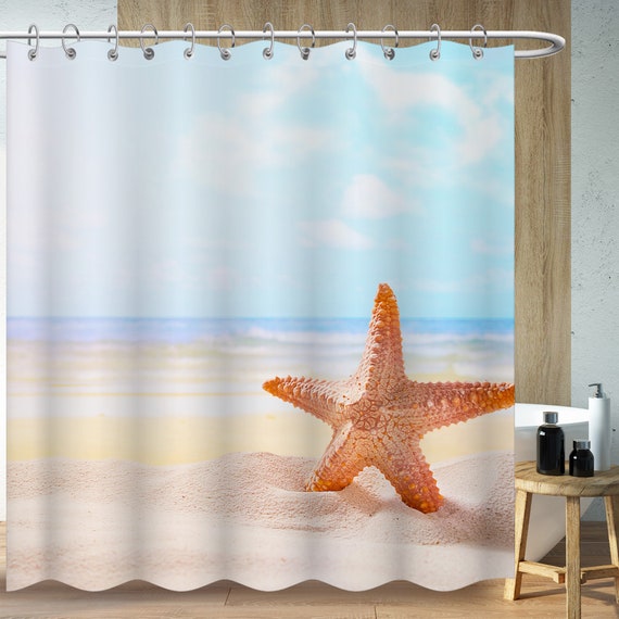 Beach Starfish Shower Curtain Modern Ocean Theme Style Bathroom Curtain  Minimalist Bath Decor Waterproof Plastic Curtain With 12 Hooks 