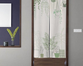 Modern Minimalism Art Noren Door Curtain, Green Botanical Floral Pattern Doorway Curtain for Kitchen Partition Bedroom Door Privacy Decor