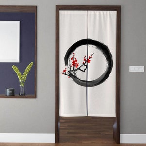 Noren Kyoto Enso Door Curtain Black Circle Oriental Japanese Art White Window Treatments Door Tapestry for Privacy Restaurant Kitchen Decor