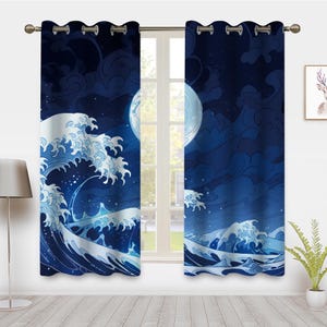 Japanese Art style Window Curtains, Vintage Kanagawa Wave Blue Window Treatment Blackout Curtain, For Bedroom living room privacy Decor