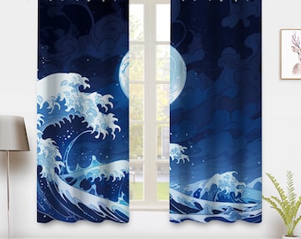 Japanese Art style Window Curtains, Vintage Kanagawa Wave Blue Window Treatment Blackout Curtain, For Bedroom living room privacy Decor