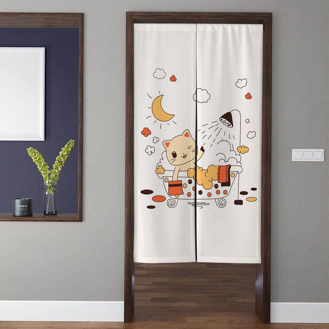 Japanese Kawaii Art Noren Door Curtain Ckitten Taking Bath in the