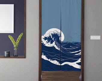 Japanese style Art Noren Door Curtain, Vintage The Wave off Kanagawa Doorway Curtain, For Kitchen Partition Bedroom Door Privacy Decor