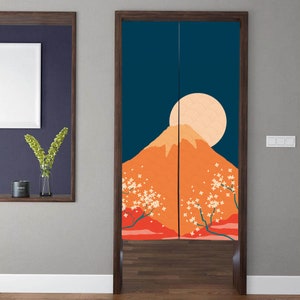 May include: A pair of room dividers with a Japanese-inspired design. The dividers feature a mountain silhouette with a full moon and cherry blossoms against a dark blue background.