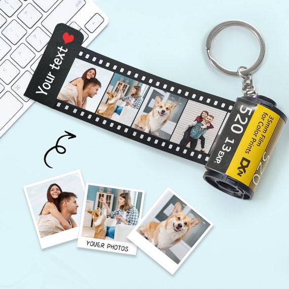 Custom Photos Film Roll Keychain, Personalized Text Camera Memory