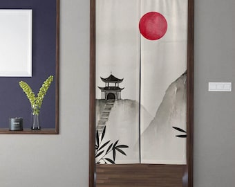 May include: A Japanese-style door curtain with a minimalist design. The artwork features a red sun, a pagoda, and a mountain landscape in shades of gray and black. Bamboo leaves are at the bottom. The curtain is framed in dark wood.