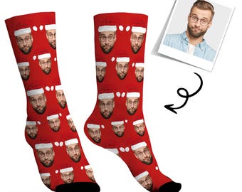 Custom Face Socks with Santa hat, Personalized Smiley Photo Socks, Funny Sock with face, Funny Sock gag Gifts for Men Women, Christmas Gifts