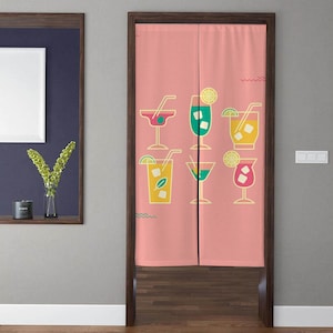 Japanese Noren Door Curtains, Modern Minimalist Drink Cup pattern Pink Doorway Curtain, For Restaurant Entrance Kitchen Bar Door Decoration