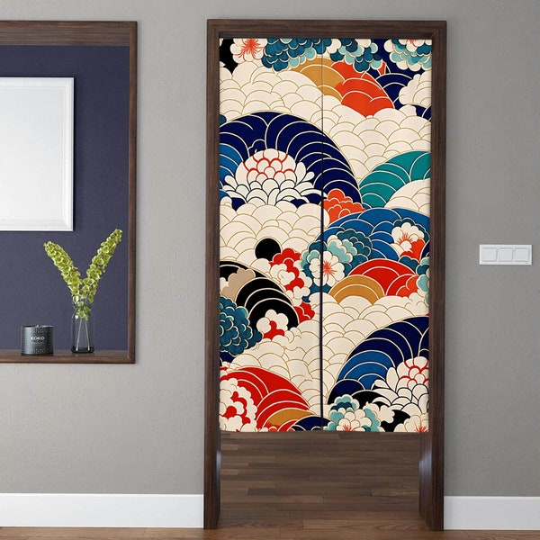 Japanese-style Art Noren Door Curtains, Vintage abstract colored lines Doorway Curtain, For Kitchen Partition Bedroom Door Privacy Decor