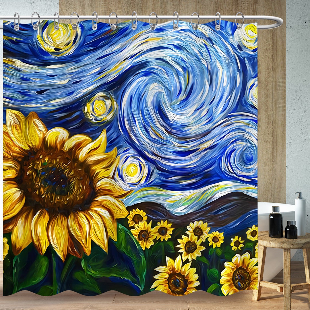 Vintage Abstract Art Shower Curtains, Starry Night Shower Bathroom