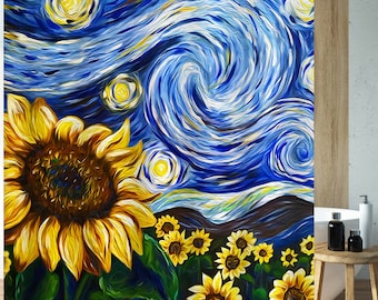 May include: A shower curtain featuring a vibrant blue and yellow abstract painting. The painting depicts a swirling night sky with stars and a field of sunflowers in the foreground.