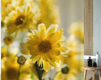 moderne minimalistische Pflanzenlandschaft Duschvorhänge, Sonnenblume Badezimmer Vorhang Minimalist Bad Decor Wasserdichter Kunststoffvorhang mit 12 Haken