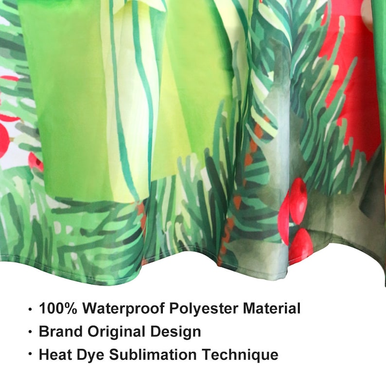 May include: Close-up of a green and red tablecloth with a Christmas tree design. The tablecloth is made of 100% waterproof polyester material and features a heat dye sublimation technique. The text "100% Waterproof Polyester Material", "Brand Original Design", and "Heat Dye Sublimation Technique" is visible at the bottom of the image.