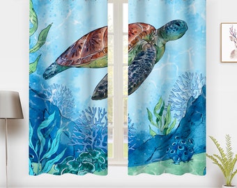 The underwater World Window Curtains Vintageaquatic plants Sea Turtle Window Treatment Blackout Curtain Bedroom living room privacy Decor