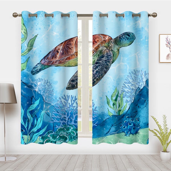 The underwater World Window Curtains Vintageaquatic plants Sea Turtle Window Treatment Blackout Curtain Bedroom living room privacy Decor