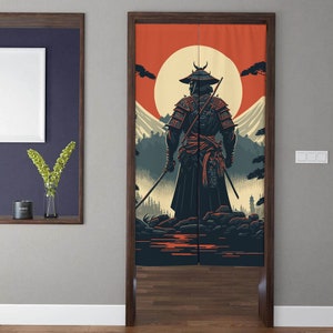 Japanischer Art Noren Türvorhang, Vintage Mount Fuji gepanzerter Samurai Türvorhang, für Küchentrennwand, Schlafzimmertür, Sichtschutzdekoration