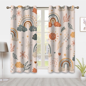 Cortinas de ventana con diseño de arcoíris bohemio, arte abstracto, bonitos dibujos animados, patrón colorido, tratamientos para ventanas, estampado bohemio, cortinas decorativas para dormitorio de niña