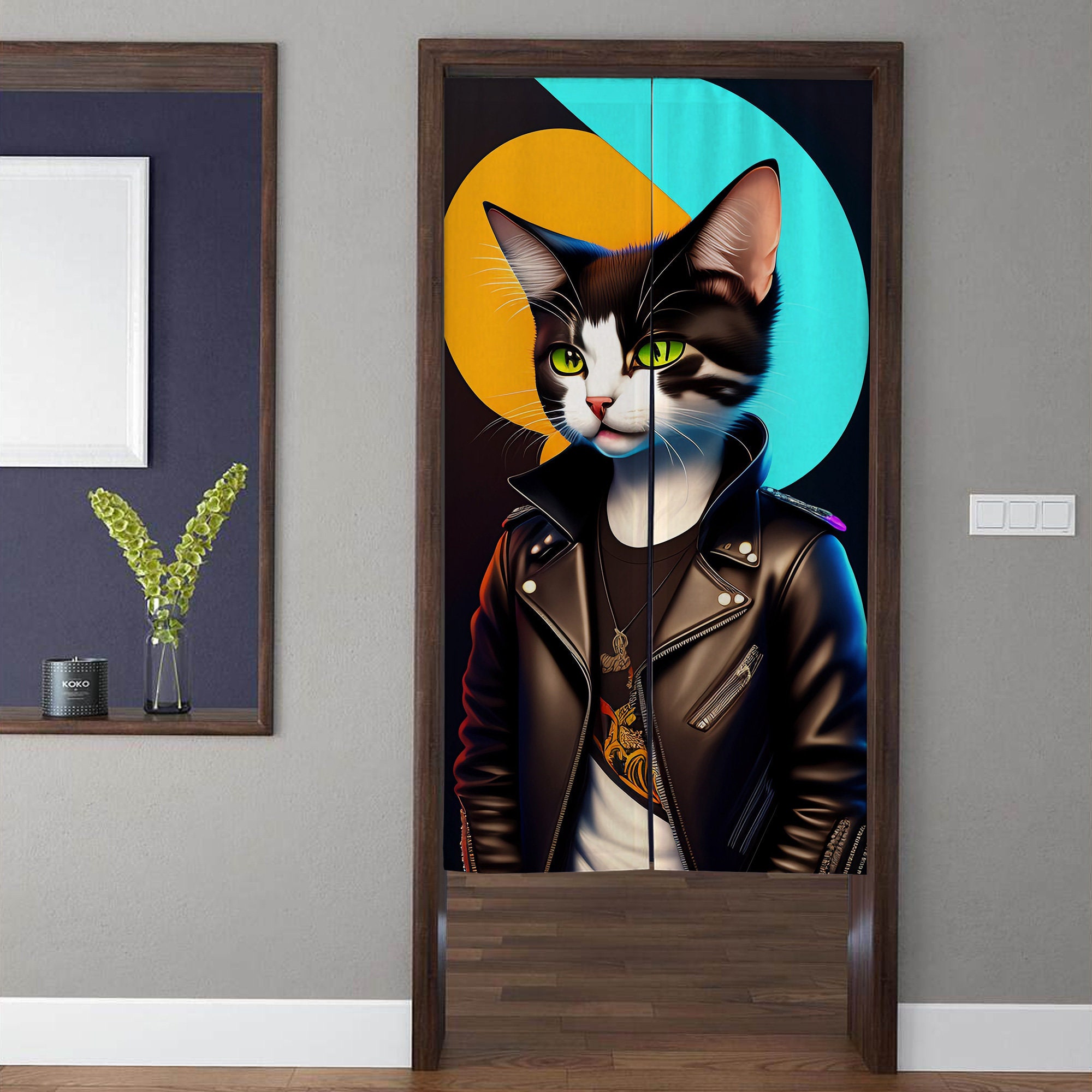 Japanese-style art Noren Door Curtains, Modern Minimalistic Mr Cat Doorway Curtain Window Treatment, Home Kitchen Door Decor