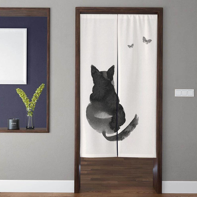 Rideaux de porte Noren d'art de style japonais, chat minimaliste moderne attrape le traitement de fenêtre de rideau de porte de papillon, décor de porte de cuisine à la maison image 1