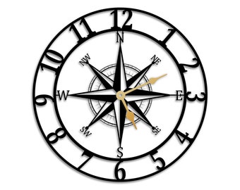 Silent Metal Large Wall Clock,vintage compass Style Metal Wall Art,for living room bedroom wall hanging decor metal sign,Housewarming Gift