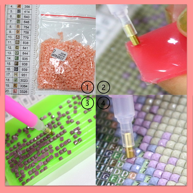May include: A close-up image showing the steps for creating a diamond painting. The image shows four steps: 1) a bag of pink diamond-shaped beads, 2) a clear sticky surface, 3) a tray with pink diamond-shaped beads, and 4) a close-up of a diamond painting in progress with a pen tool.