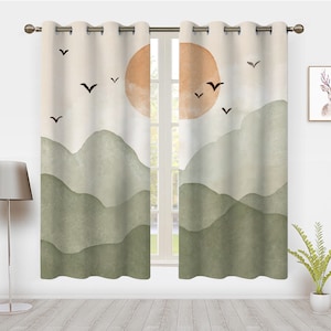 Bohemian Forest Style Window Curtain Sunset Flying bird lines mountains Window Treatment Blackout Curtain Bedroom living room privacy Decor