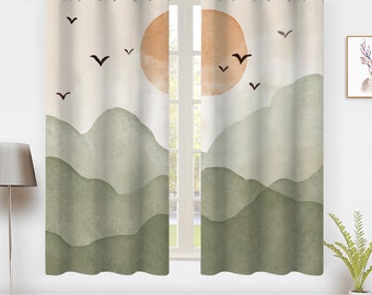 Bohemian Forest Style Window Curtain Sunset Flying bird lines mountains Window Treatment Blackout Curtain Bedroom living room privacy Decor