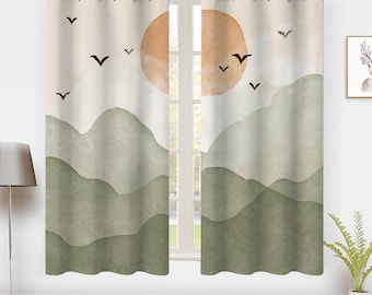 Bohemian Forest Style Window Curtain Sunset Flying bird lines mountains Window Treatment Blackout Curtain Bedroom living room privacy Decor