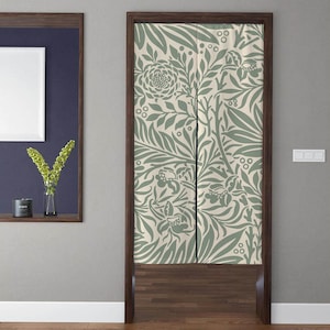 boho Style Art Noren Door Curtain, Leaf and Flowers sage Pattern Doorway Curtain for Kitchen Partition Bedroom Door Privacy Decor