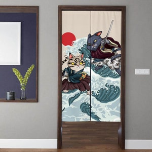 Japanese style art Noren Door Curtains, Vintage abstract cat warrior fighting Doorway Curtain, For Home bedroom Kitchen door privacy Decor