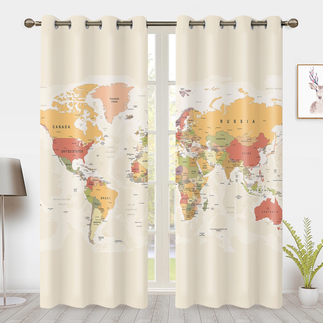 World Map Curtains Nation and City Travel World Map in Retro Colors