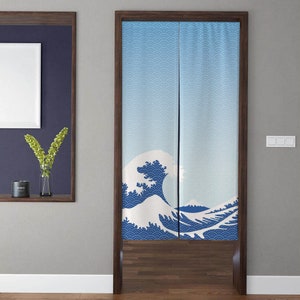 Japanese Art style Noren Door Curtains, The Great Wave Kanagawa Pattern Doorway Curtain, For Kitchen Partition Bedroom Door Privacy Decor