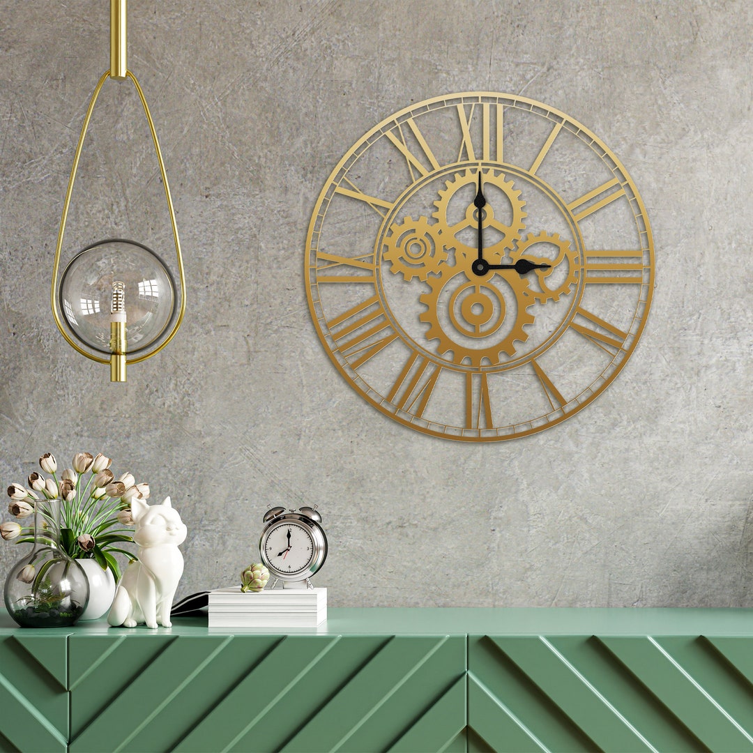 Silent Metal Large Wall Clock,roman Numerals Gear Metal Wall Art,for