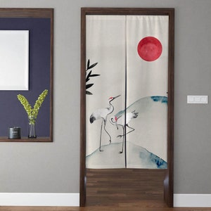 Bohemia Art Noren Door Curtains, Japanese style abstract landscape white crane Doorway Curtain, Kitchen Partition Bedroom Door Privacy Decor