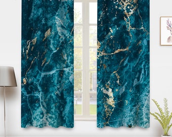 Modern minimalist Blue marble art Curtains, Abstract golden line Window Treatments Panel Pair Blackout Curtains, Room Bedroom Home Decor