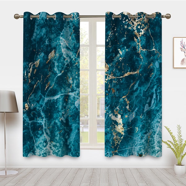 Modern minimalist Blue marble art Curtains, Abstract golden line Window Treatments Panel Pair Blackout Curtains, Room Bedroom Home Decor