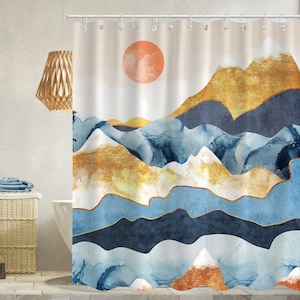 Mountain shower curtain sunrise shower curtains/ blue golden Mountain shower curtain view Polyester Fabric Bathroom Shower Curtains