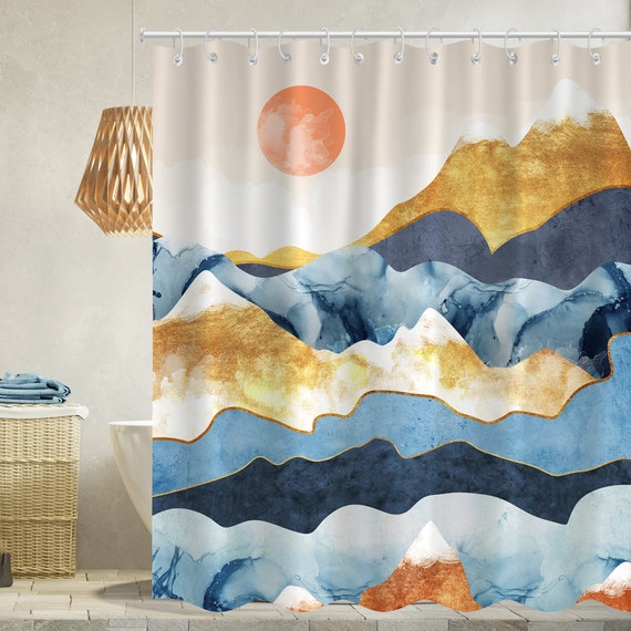 Mountain Shower Curtain Sunrise Shower Curtains/ Blue Golden - Etsy