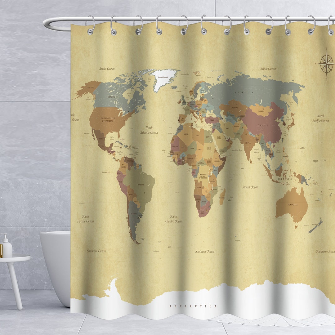 Vintage World Map Shower Curtain Retro Color Trave Earth World Country ...